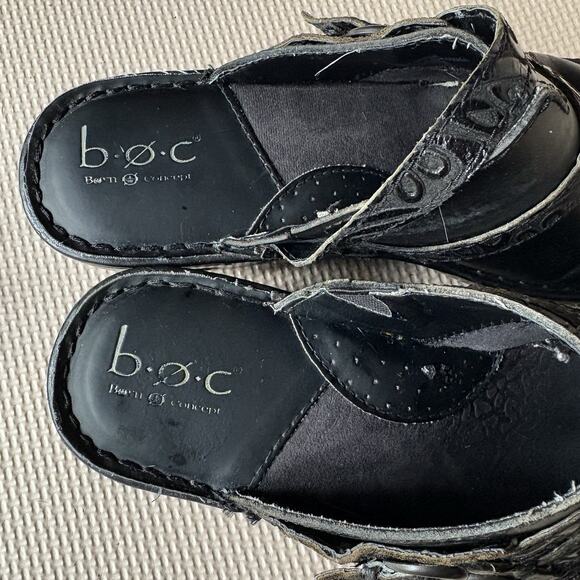 Born Women’s Black Leather Clogs Double Embossed Strap Size 10 Comfort - Picture 13 of 14